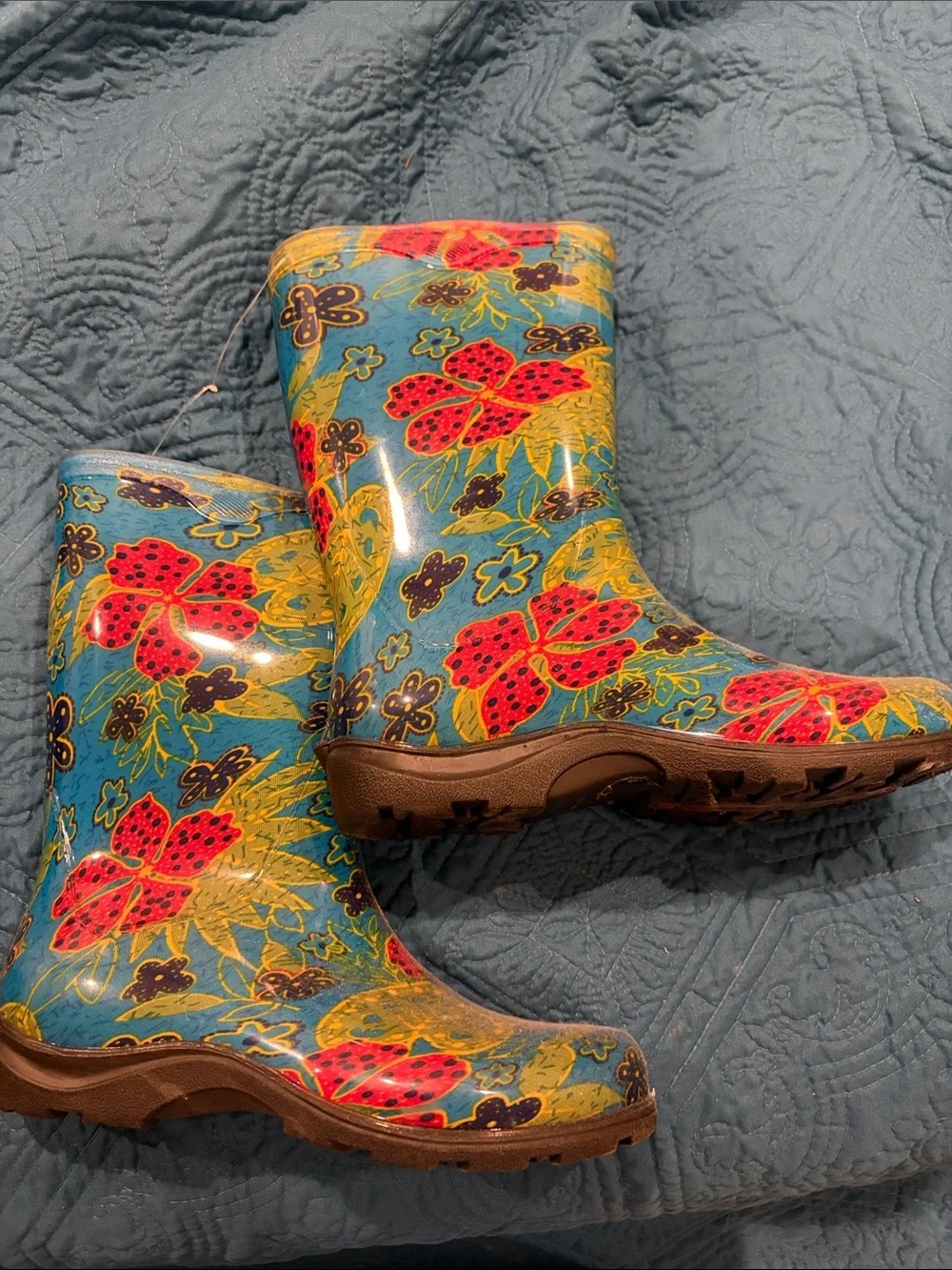 Sloggers Teal Floral Rain Boots with Red & Gold Accents